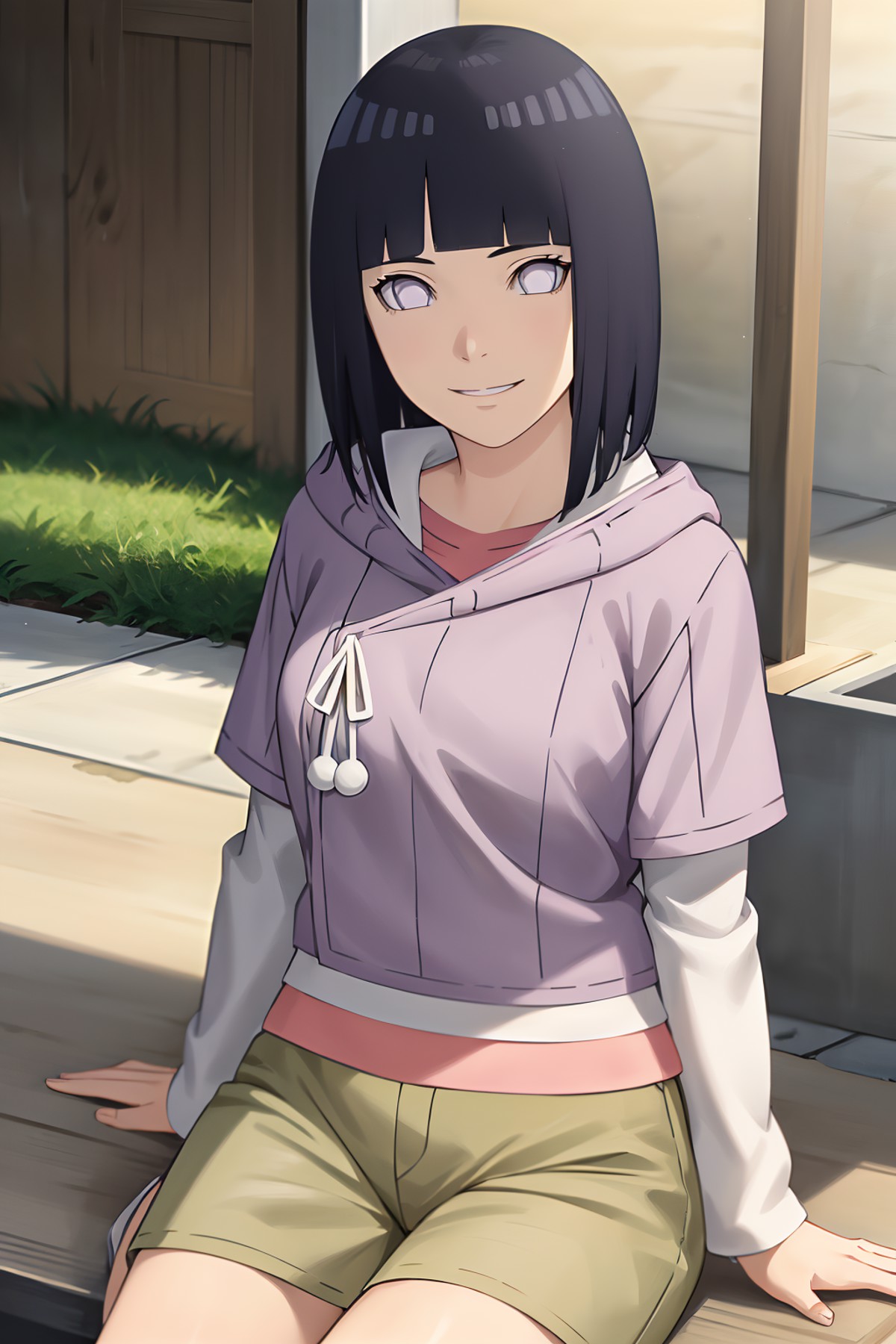 masterpiece, absurdres,hinata\(boruto\), 1girl,mature female,  solo,  purple hoodie,layered sleeves,  brown pants, outdoor...